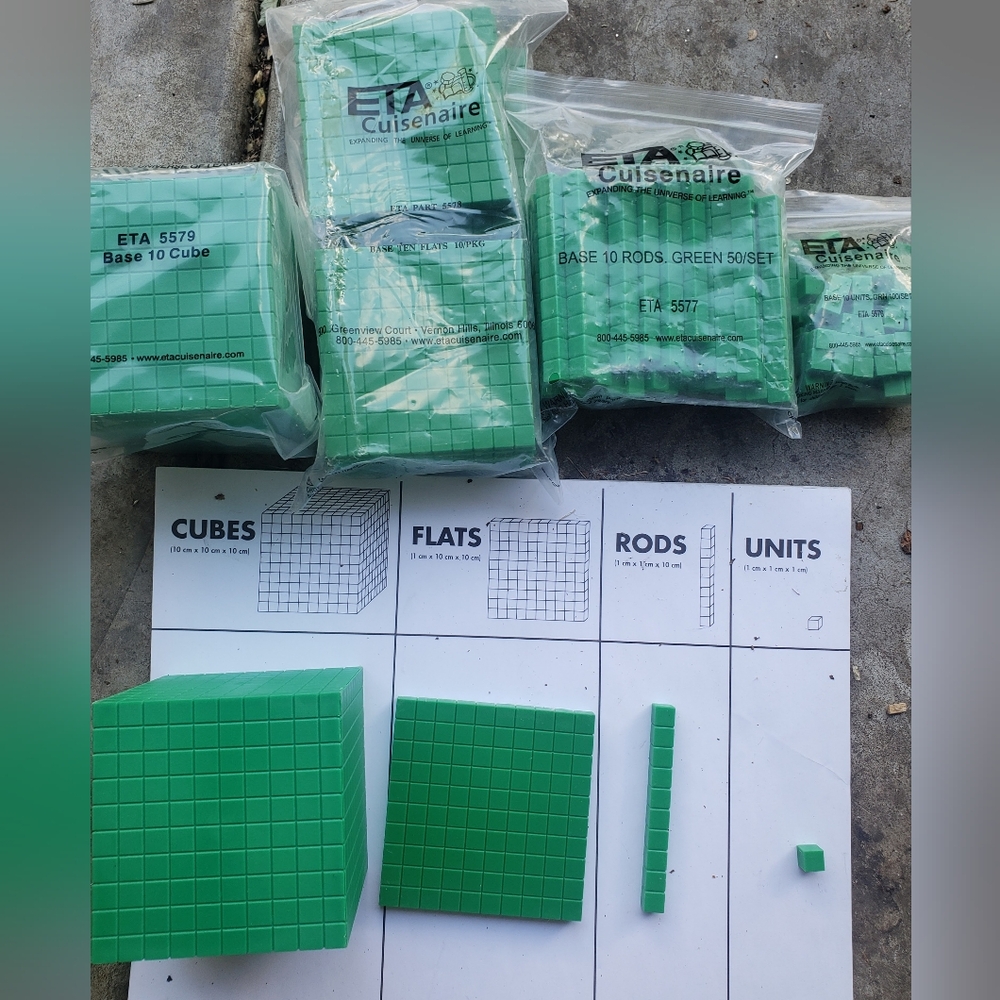Full set of green ETA Cuisenaire HARD PLASTIC Base Ten Blocks